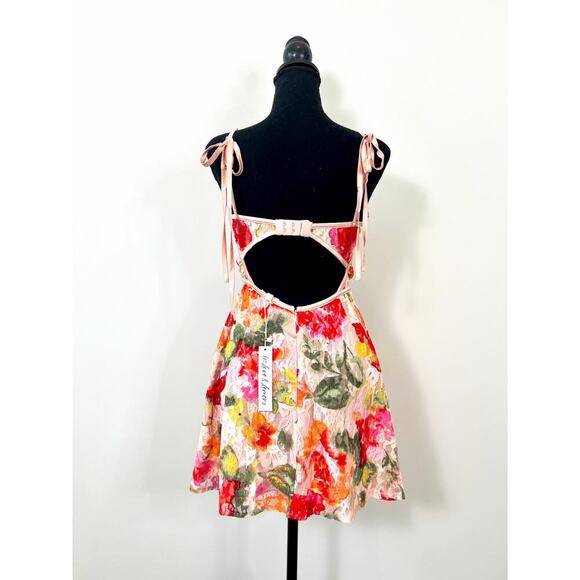 For Love & Lemons Dascha Mini Dress in Pink Large Floral Cut Out Lace Lined - Picture 3 of 5